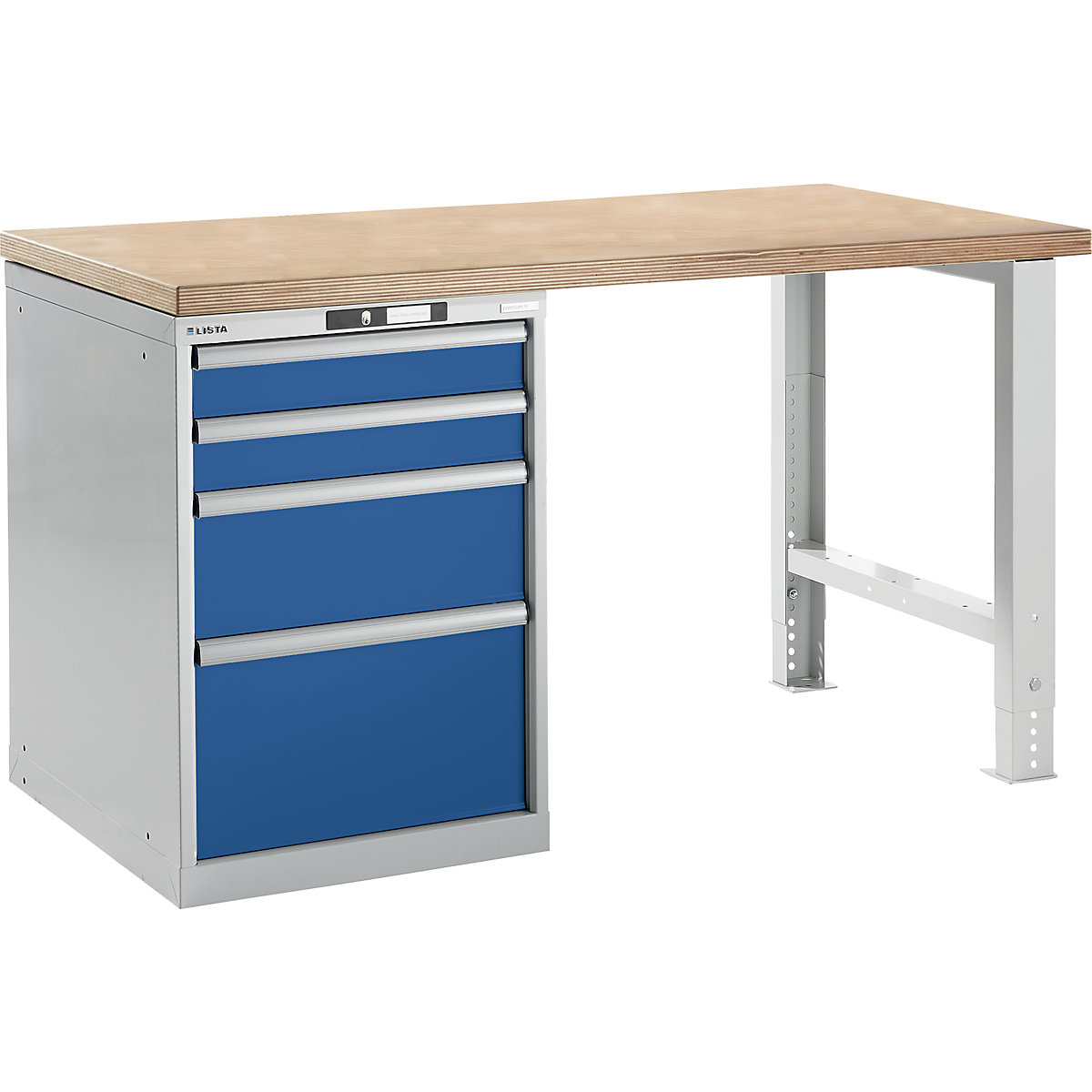 Dílenský stůl ve stavebnicovém systému – LISTA, výška 840 mm, podstavná skříňka, 4 zásuvky, hořcově modrá, šířka stolu 1500 mm-14