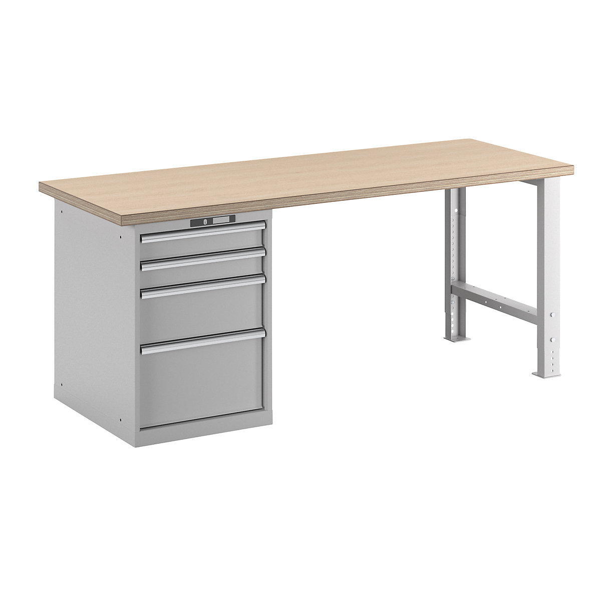 Dílenský stůl ve stavebnicovém systému – LISTA, výška 840 mm, podstavná skříňka, 4 zásuvky, světle šedá, šířka stolu 2000 mm-11