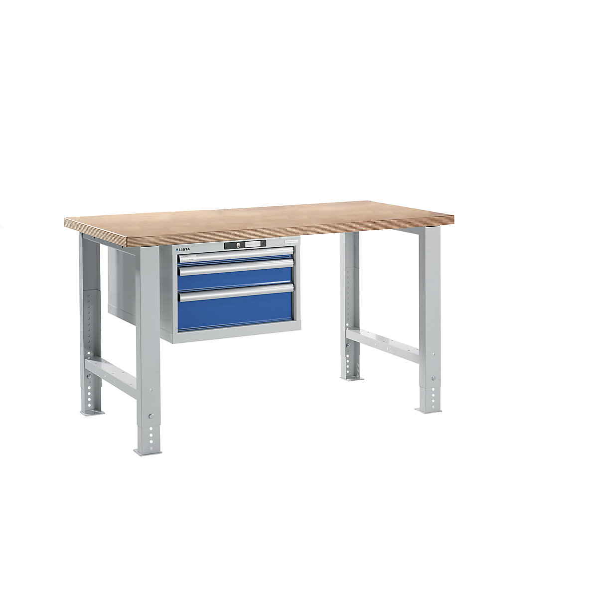 Dílenský stůl ve stavebnicovém systému – LISTA, výška 740 – 1090 mm, závěsná skříň, 3 zásuvky, hořcově modrá, šířka stolu 1500 mm-15