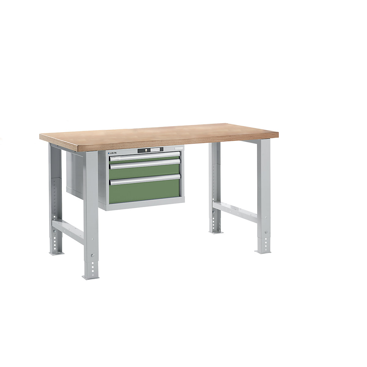 Dílenský stůl ve stavebnicovém systému – LISTA, výška 740 – 1090 mm, závěsná skříň, 3 zásuvky, rezedově zelená, šířka stolu 1500 mm-13