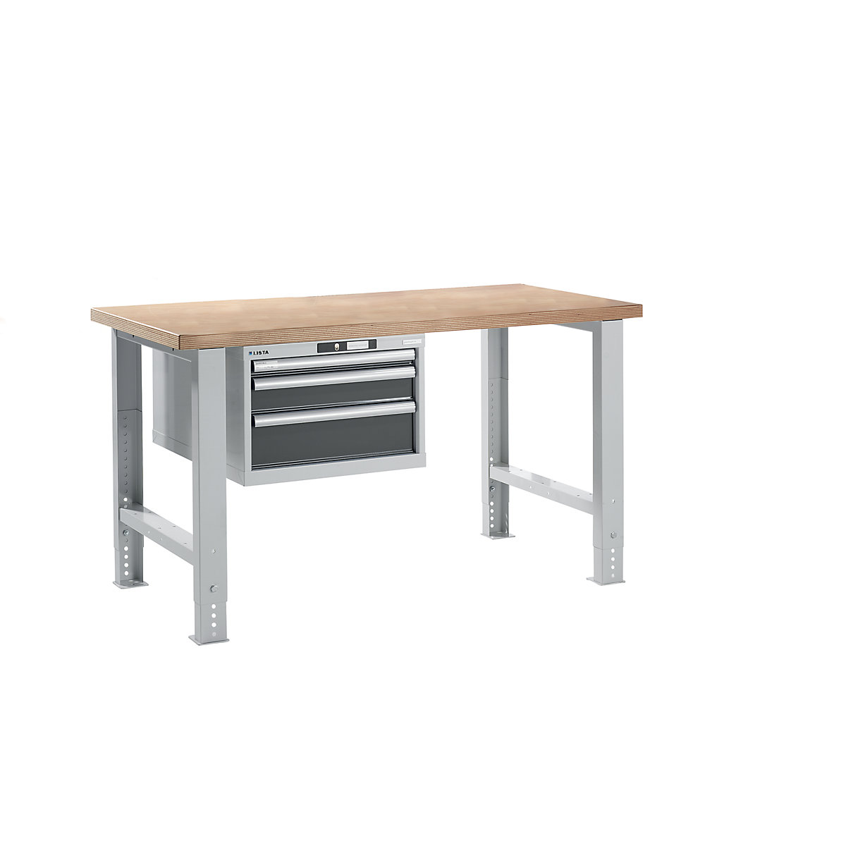 Dílenský stůl ve stavebnicovém systému – LISTA, výška 740 – 1090 mm, závěsná skříň, 3 zásuvky, šedá metalíza, šířka stolu 1500 mm-16