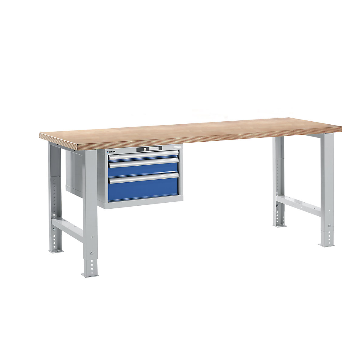 Dílenský stůl ve stavebnicovém systému – LISTA, výška 740 – 1090 mm, závěsná skříň, 3 zásuvky, hořcově modrá, šířka stolu 2000 mm-17