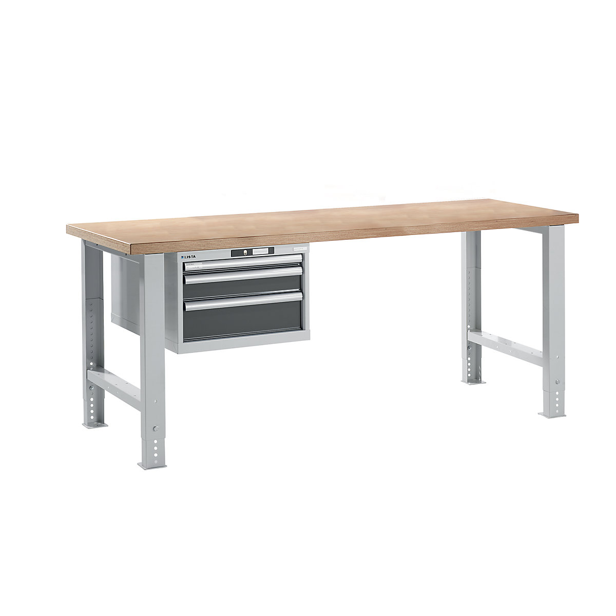 Dílenský stůl ve stavebnicovém systému – LISTA, výška 740 – 1090 mm, závěsná skříň, 3 zásuvky, šedá metalíza, šířka stolu 2000 mm-12