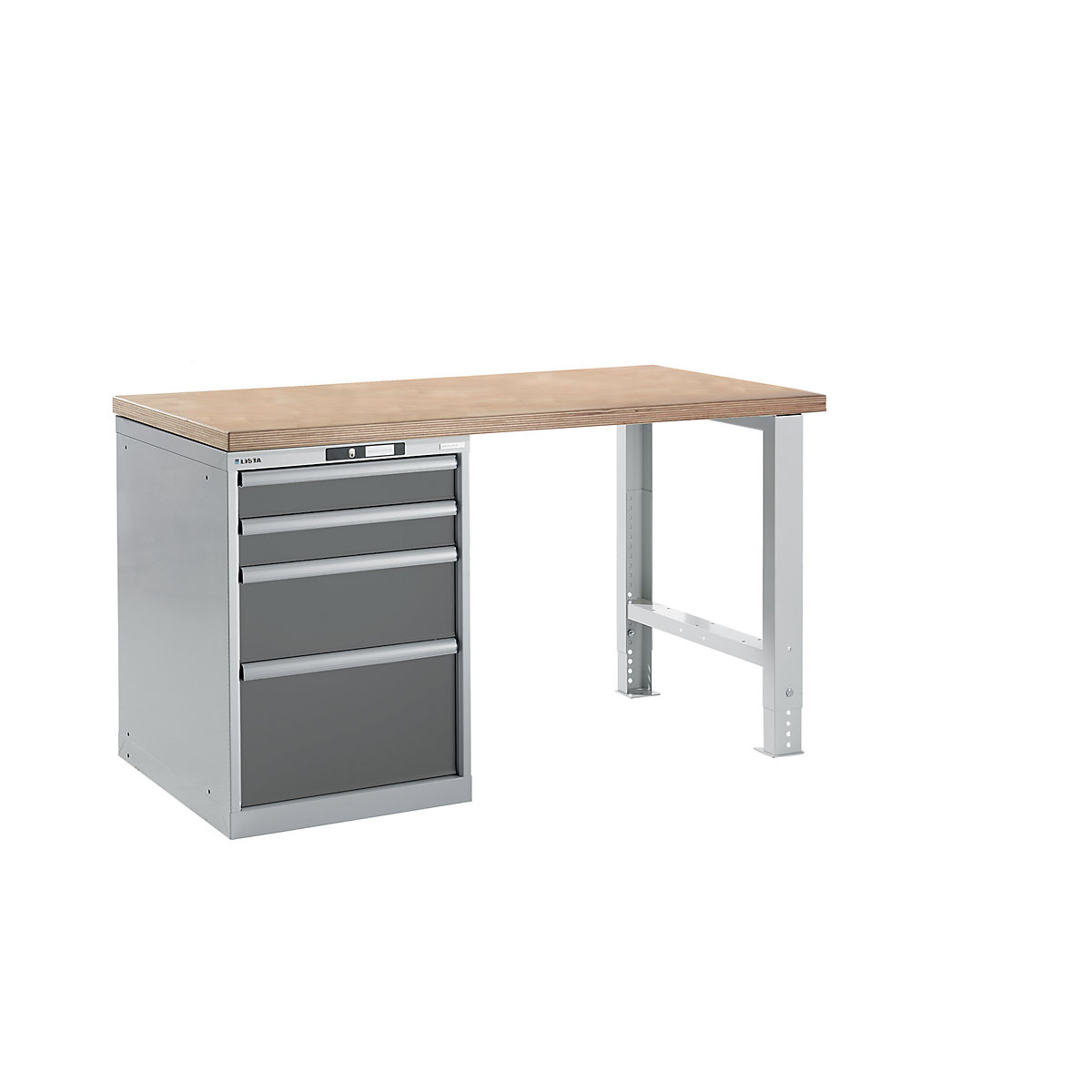 Dílenský stůl ve stavebnicovém systému – LISTA, výška 840 mm, podstavná skříňka, 4 zásuvky, šedá metalíza, šířka stolu 1500 mm-16