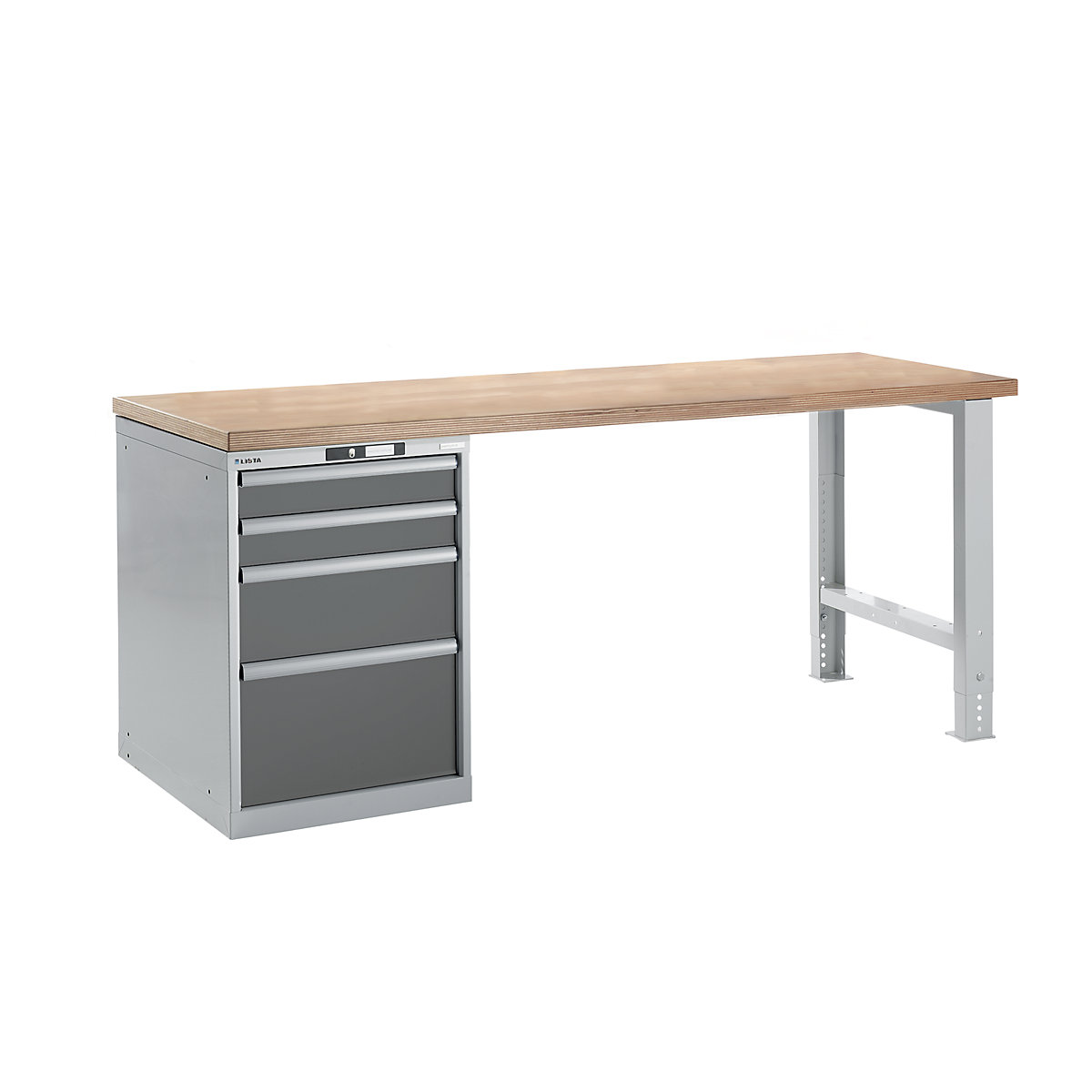 Dílenský stůl ve stavebnicovém systému – LISTA, výška 840 mm, podstavná skříňka, 4 zásuvky, šedá metalíza, šířka stolu 2000 mm-15