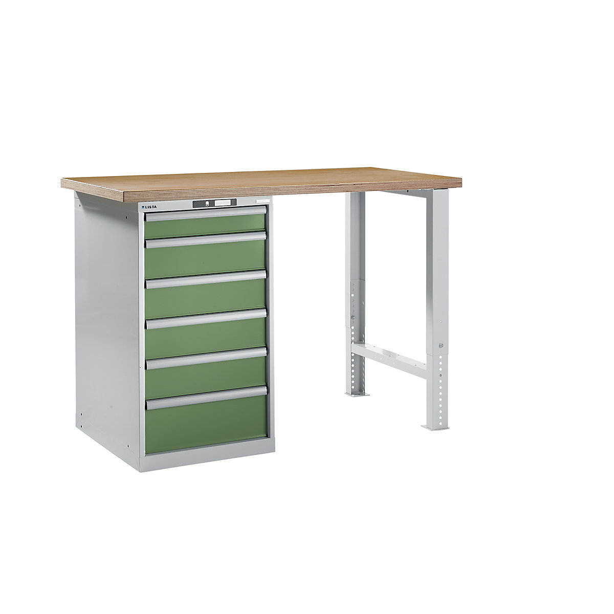 Dílenský stůl ve stavebnicovém systému – LISTA, výška 1040 mm, podstavná skříňka, 6 zásuvky, rezedově zelená, šířka stolu 1500 mm-6