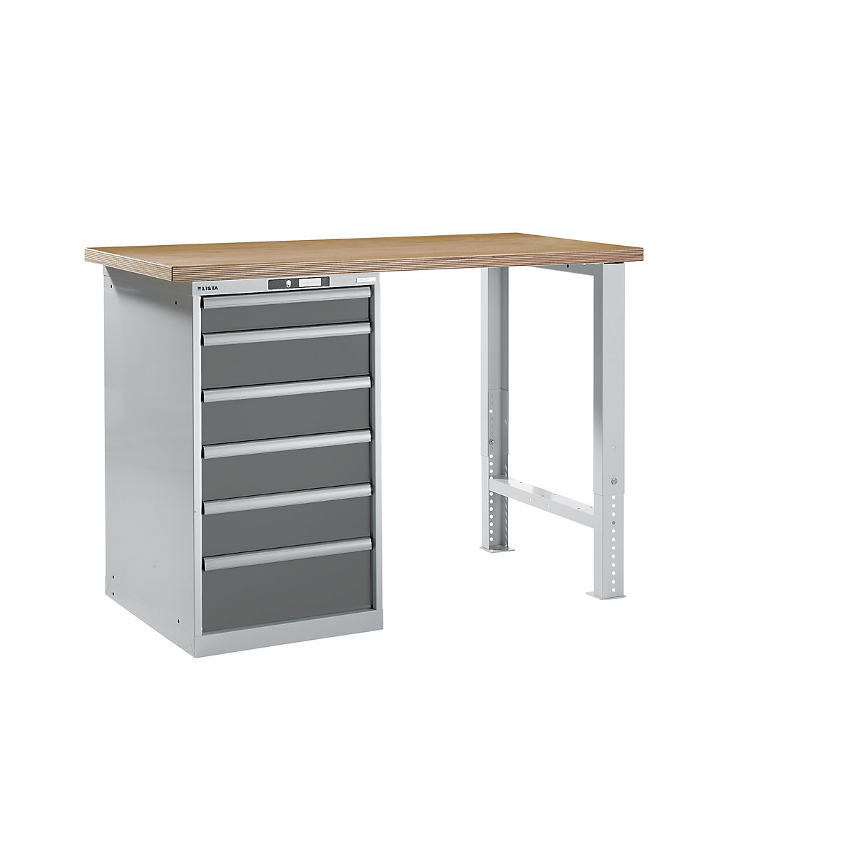 Dílenský stůl ve stavebnicovém systému – LISTA, výška 1040 mm, podstavná skříňka, 6 zásuvky, šedá metalíza, šířka stolu 1500 mm-9