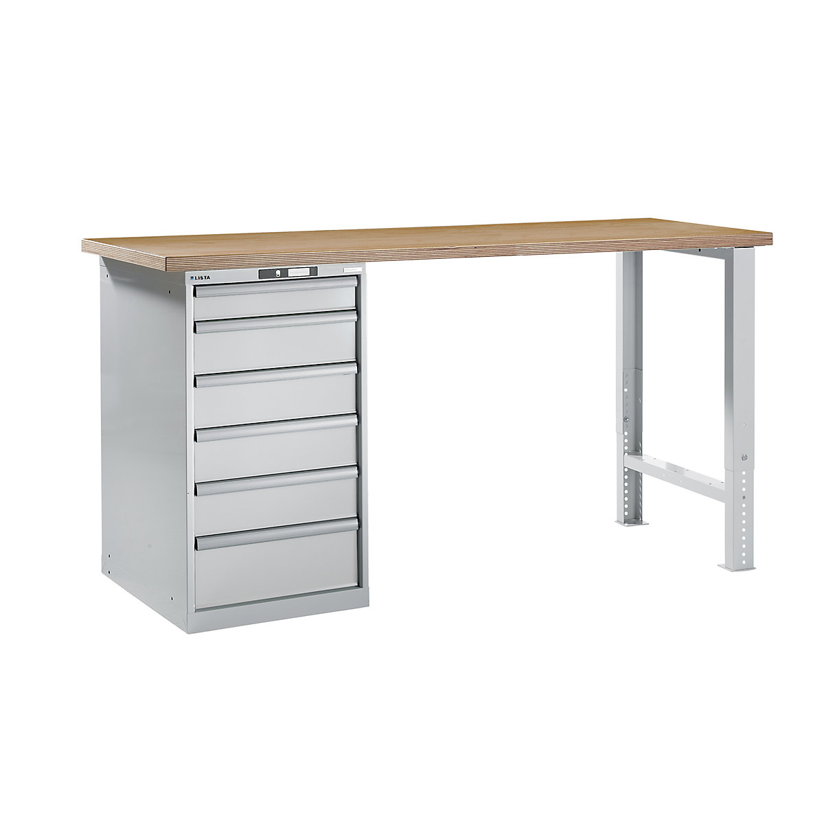 Dílenský stůl ve stavebnicovém systému – LISTA, výška 1040 mm, podstavná skříňka, 6 zásuvky, světle šedá, šířka stolu 2000 mm-5