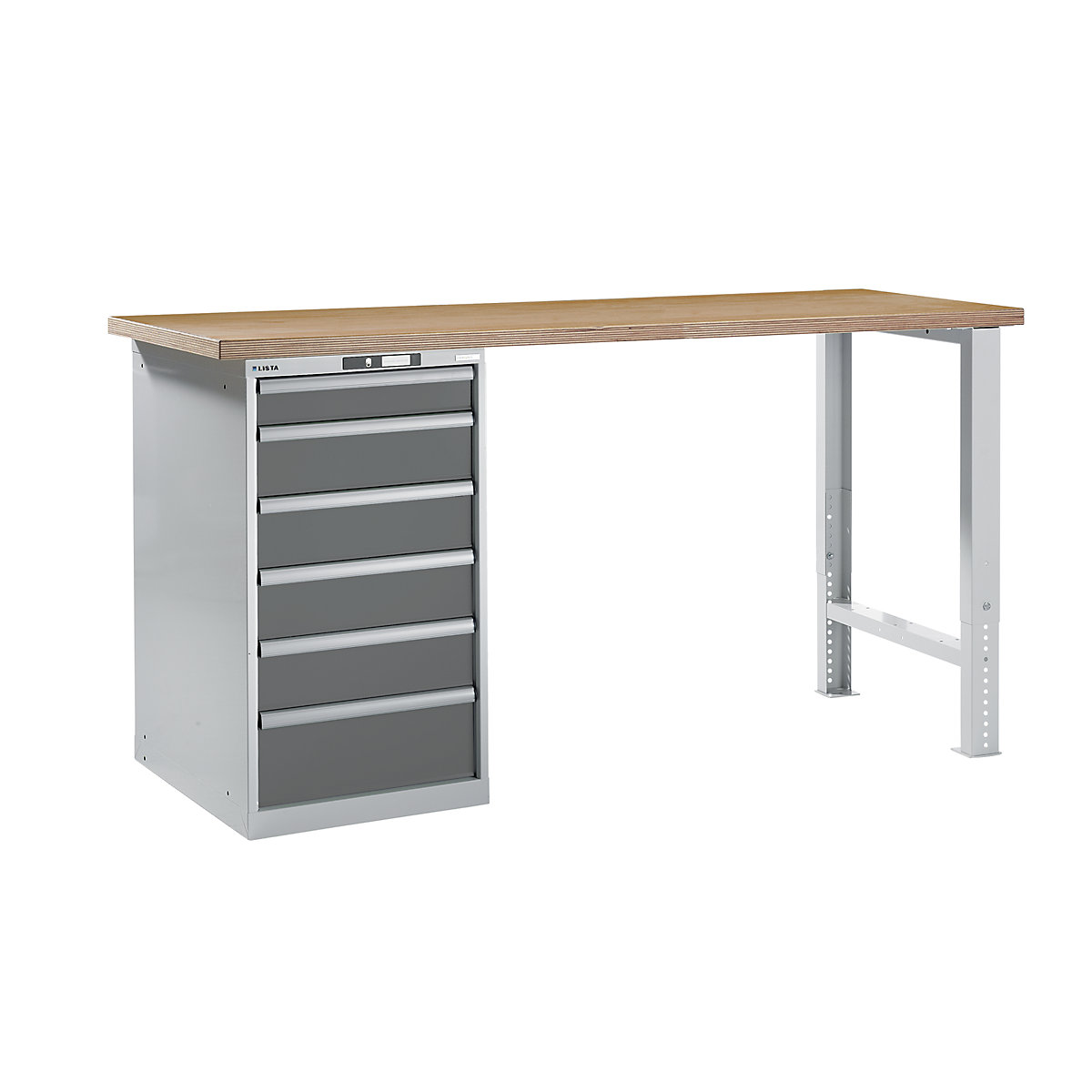 Dílenský stůl ve stavebnicovém systému – LISTA, výška 1040 mm, podstavná skříňka, 6 zásuvky, šedá metalíza, šířka stolu 2000 mm-3