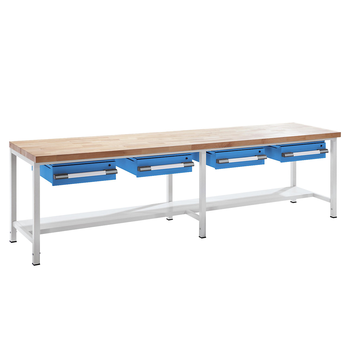 Výškově nastavitelný dílenský stůl s rámovou konstrukcí – eurokraft pro, se zásuvkami, šířka 3000 mm, šedá / modrá-5