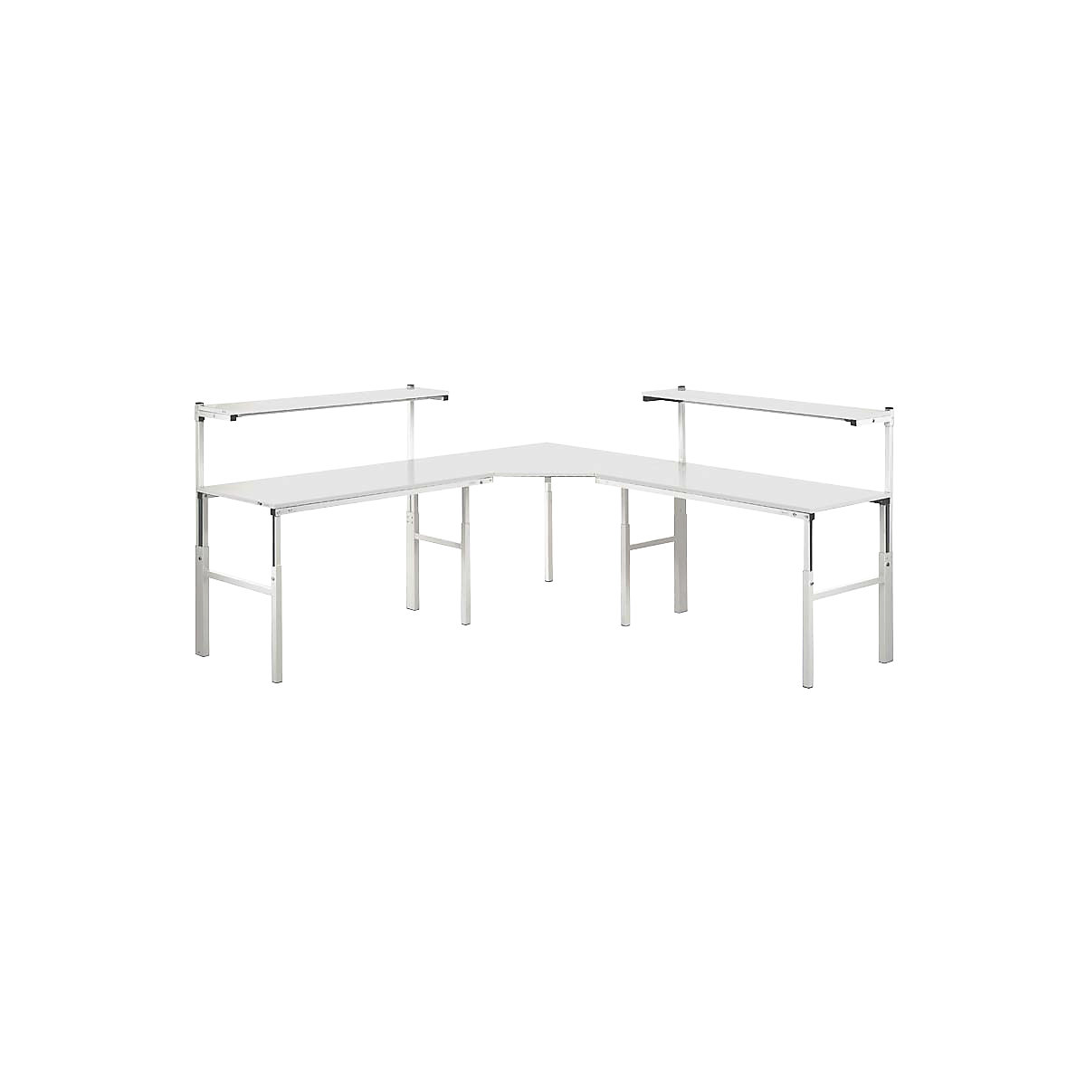 Treston – Pracovní stůl s ručním přestavováním výšky v rozsahu 650 až 900 mm, propojení 90°, pro 2 základní stoly s etážovou policí, hloubka 900 mm