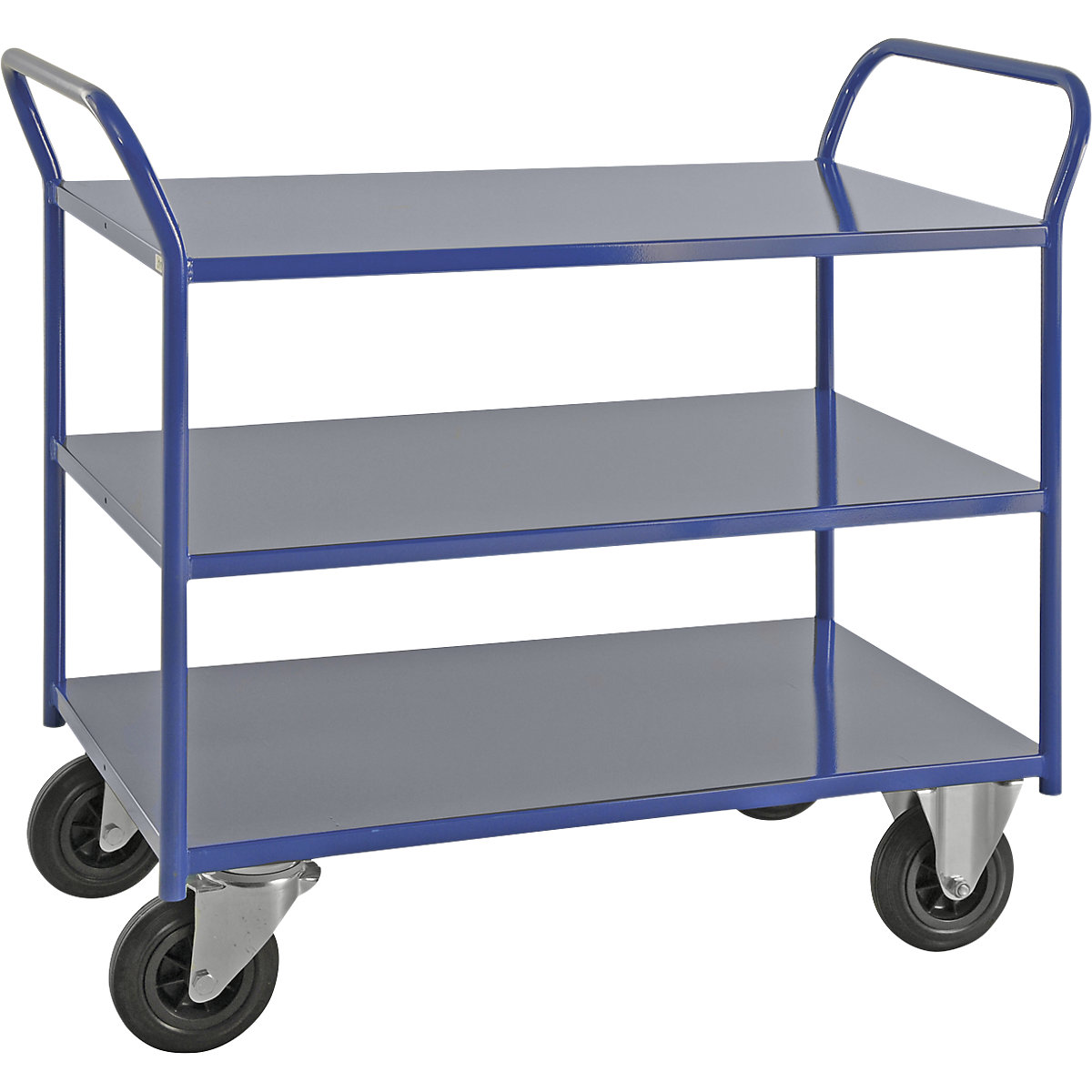 Transportni voziček KM41 – Kongamek, 3 police, DxŠxV 1080 x 450 x 975 mm, modre barve, 2 vrtljivi kolesi z zavoro, 2 fiksni kolesi, od 5 kosov-9