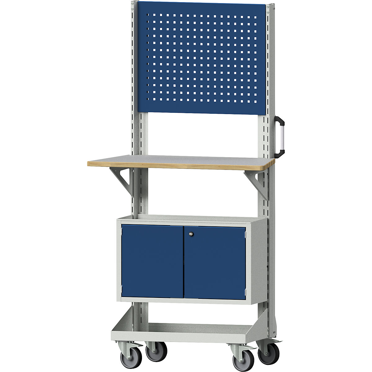 Voziček za orodje in material – ANKE, s ploščo z luknjami, delovno ploščo, omaro, modra-3