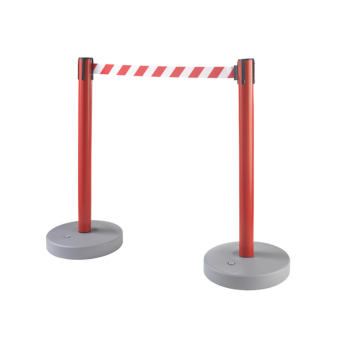 Poste barrera de cinta, UE 2 unid., para interiores y exteriores, extracción de cinta 3700 mm, sistema cuádruple, poste rojo, cinta roja / blanca-7