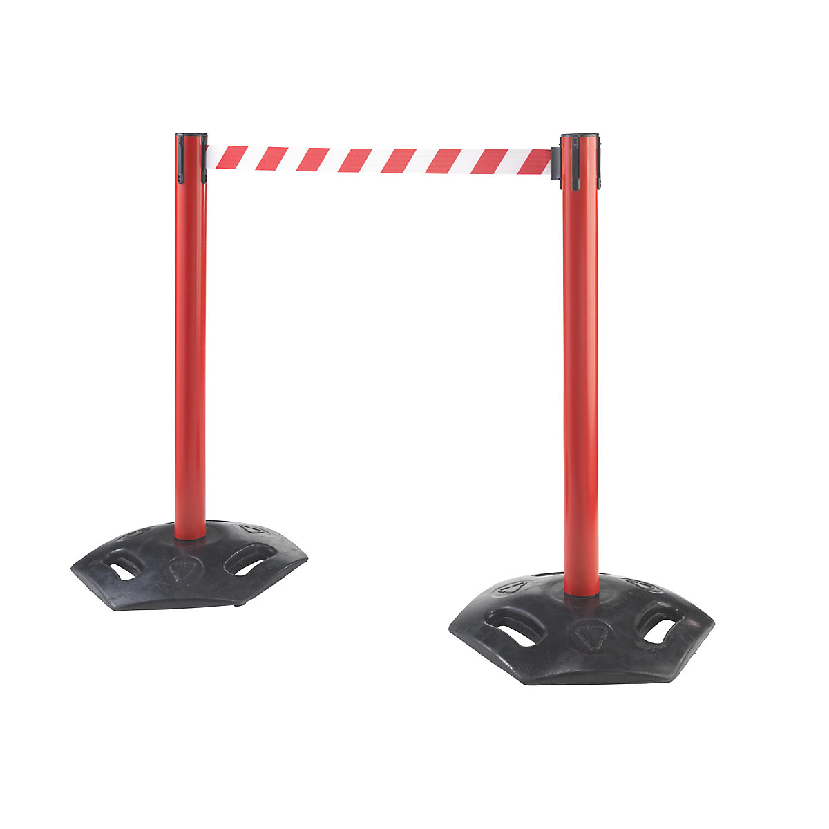 Poste barrera de cinta, UE 2 unid., para exteriores, extracción de cinta 3700 mm, sistema cuádruple, poste rojo, cinta roja / blanca-8