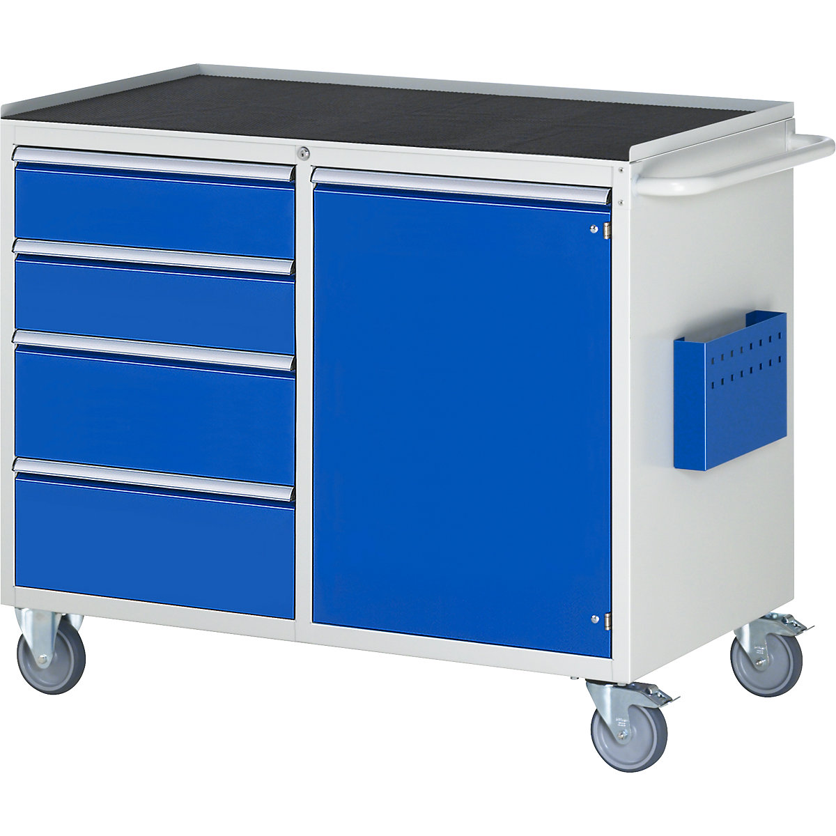 Kompaktne delovne mize, pomične – RAU, 4 predali, 1 vrata, kovinska polica z gumijasto oblogo, svetlo siva / encijan modra-2