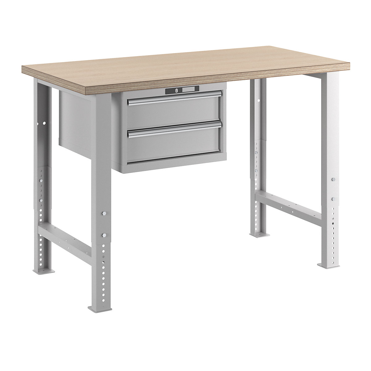 Modulna delovna miza – LISTA, višina 740 – 1090 mm, viseča omarica, 2 predala, svetlo siva, širina mize 1500 mm-9
