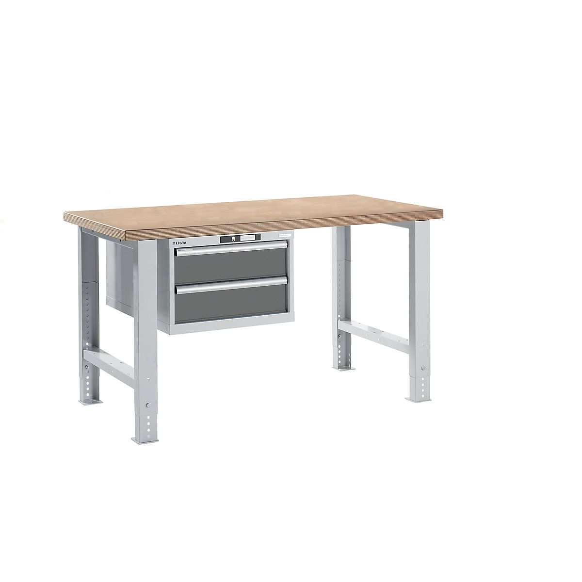 Modulna delovna miza – LISTA, višina 740 – 1090 mm, viseča omarica, 2 predala, sivo kovinska, širina mize 1500 mm-8