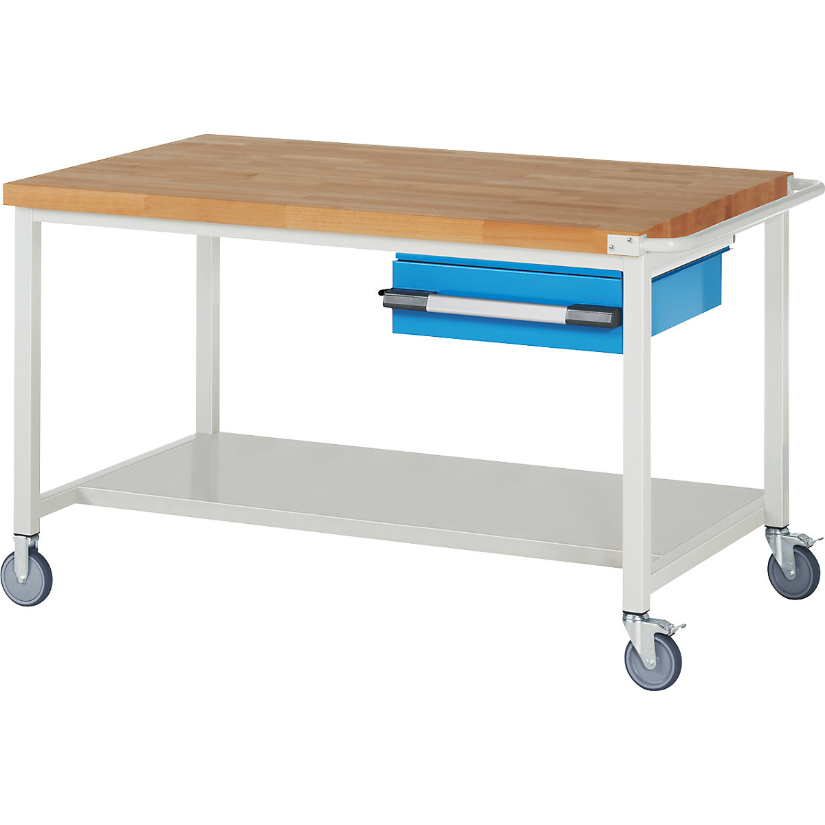 EUROKRAFTpro – Pomična delovna miza, izvedba z ogrodjem, 1 viseč predal, odlagalna polica, ŠxG 1500 x 900 mm