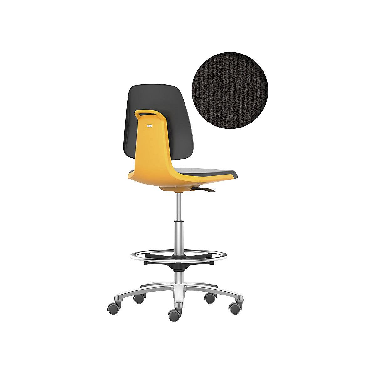 bimos – Vrtljivi delovni stol LABSIT, visoki stol s koleščki z zaviranjem med sedenjem in nožnim obročem, sedež s prevleko iz blaga, oranžna