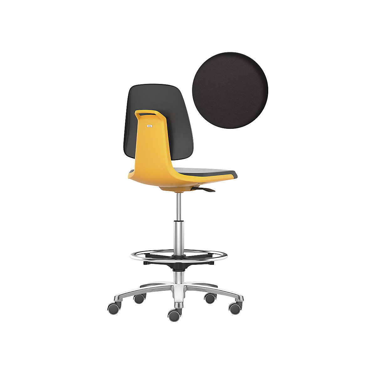 bimos – Vrtljivi delovni stol LABSIT, visoki stol s koleščki z zaviranjem med sedenjem in nožnim obročem, sedež s prevleko iz umetnega usnja, oranžna