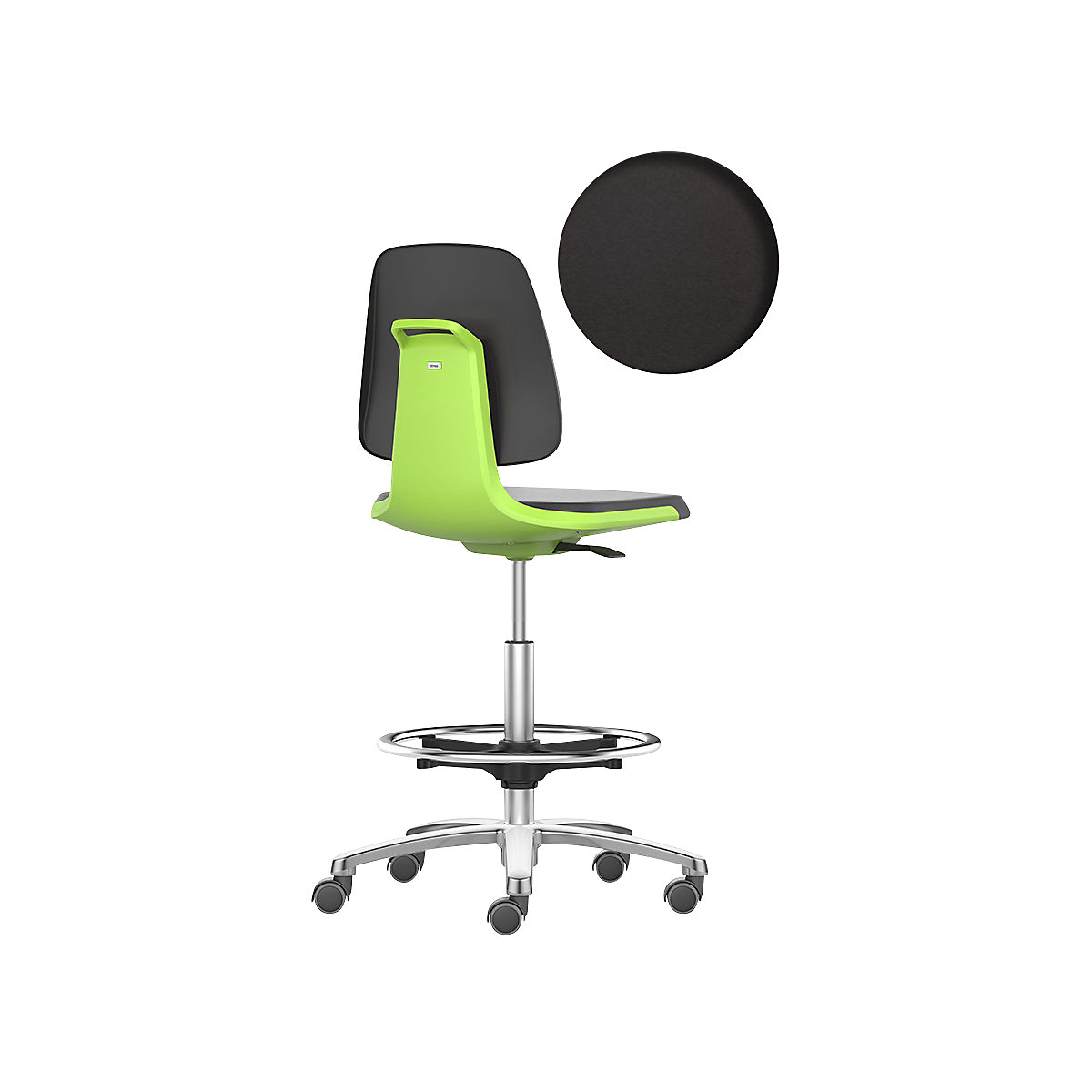 Vrtljivi delovni stol LABSIT – bimos, visoki stol s koleščki z zaviranjem med sedenjem in nožnim obročem, sedež iz PU-pene, zelena-19