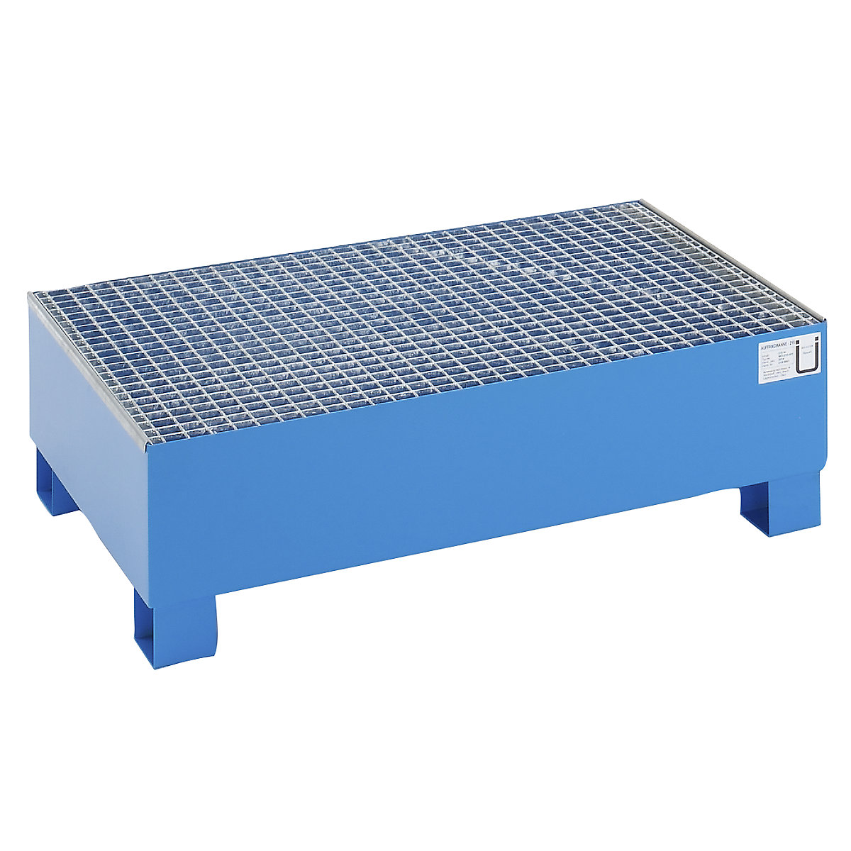 EUROKRAFTbasic – Vană de captare din oțel pentru butoaie de 200 litri, lung. x lăț. x î. 1200 x 800 x 360 mm, fără autorizare, albastru vopsit în câmp electrostatic, cu grătar