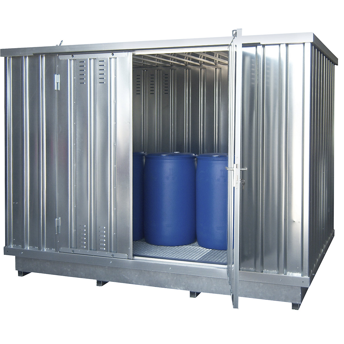 Container de depozitare pentru substanțe periculoase, pentru medii care poluează pânza freatică, î. x lăț. x ad. exterioară 2385 x 3075 x 2075 mm, zincat