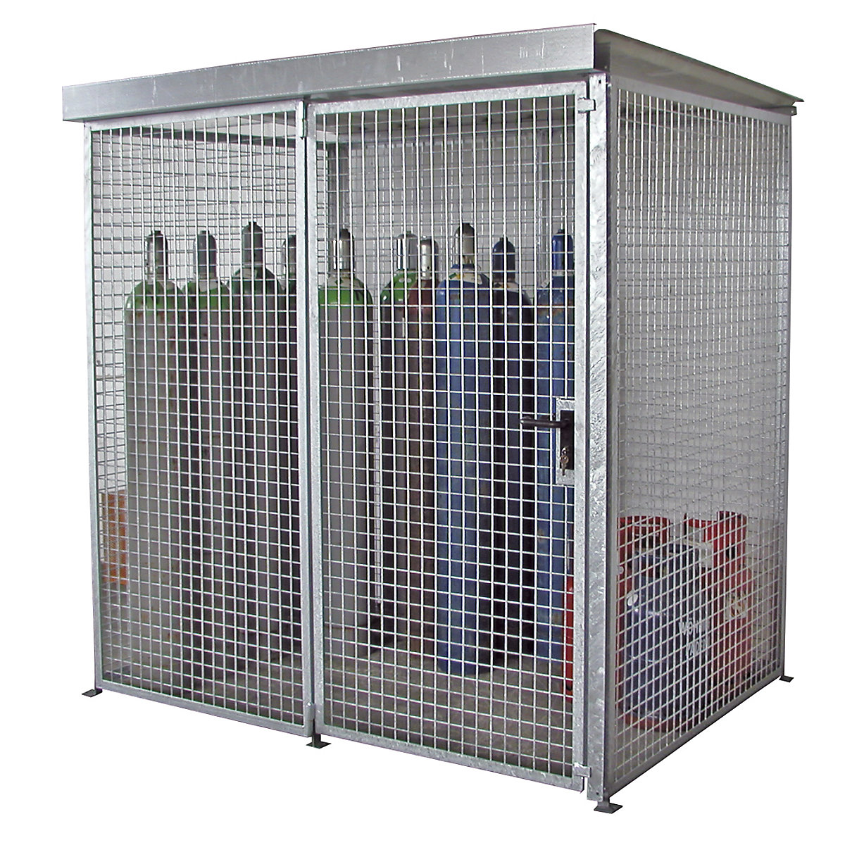 EUROKRAFTpro – Container din grilaj pentru butelii de gaz, cu acoperiș și ușă simplă cu canat, lăț. x ad. 2100 x 1500 mm