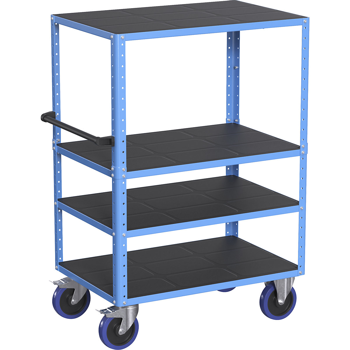 Carrello a ripiani CustomLine, aperto su 4 lati – eurokraft pro, 4 ripiani, blu chiaro RAL 5012, elastiche-1