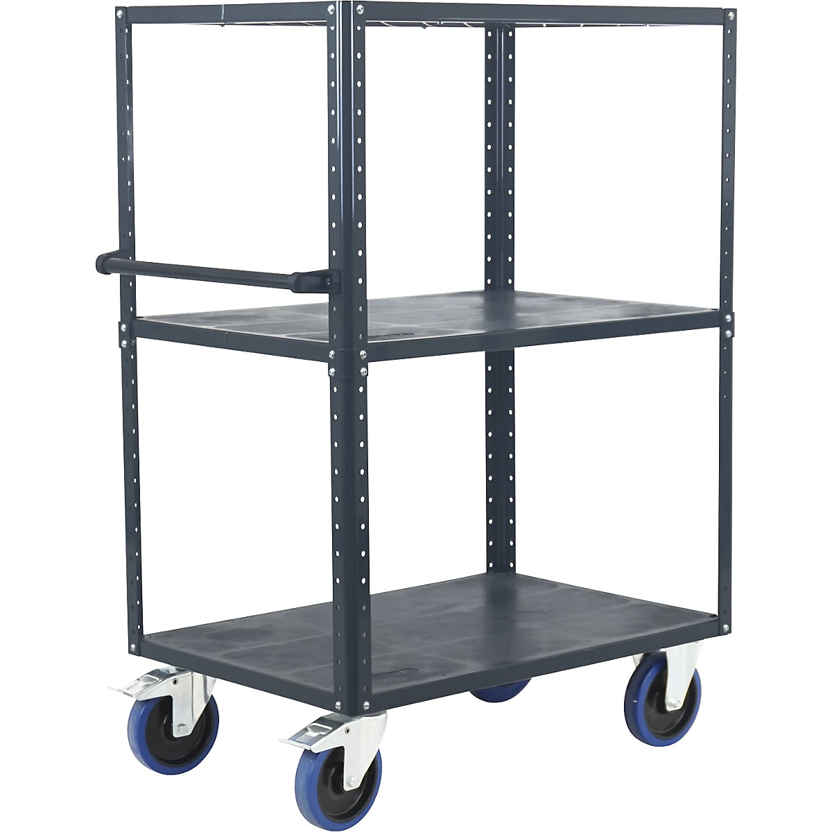 Carrello a ripiani CustomLine, aperto su 4 lati – eurokraft pro, 3 ripiani, grigio antracite RAL 7016, elastiche-2