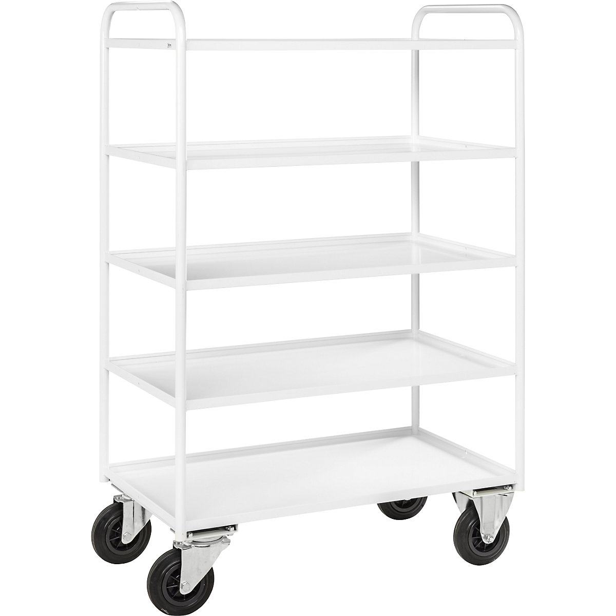 Carrello a ripiani KM41 – Kongamek, 5 ripiani con alzatina, lungh. x largh. x alt. 955 x 550 x 1490 mm, bianco, 2 rotelle pivottanti con fermo, 2 rotelle a supporto fisso, a partire da 5 pz.-4