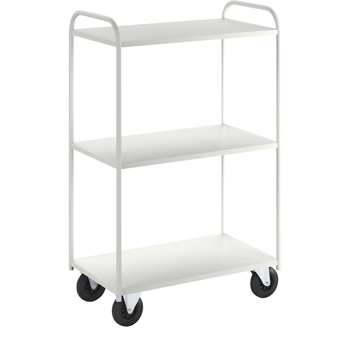 Carrello a ripiani KM41 – Kongamek, 3 ripiani, lungh. x largh. x alt. 955 x 550 x 1470 mm, bianco, 2 rotelle pivottanti e 2 rotelle a supporto fisso-2