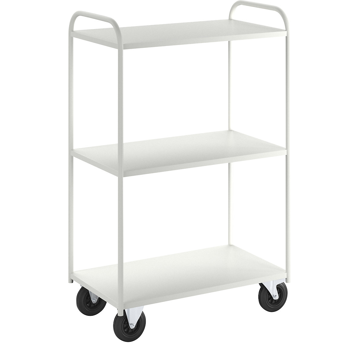 Carrello a ripiani KM41 – Kongamek, 3 ripiani, lungh. x largh. x alt. 955 x 550 x 1470 mm, bianco, 2 rotelle pivottanti con fermo, 2 rotelle a supporto fisso-6