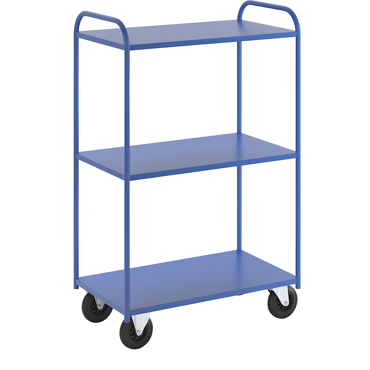 Carrello a ripiani KM41 – Kongamek, 3 ripiani, lungh. x largh. x alt. 955 x 550 x 1470 mm, blu, 2 rotelle pivottanti e 2 rotelle a supporto fisso-3