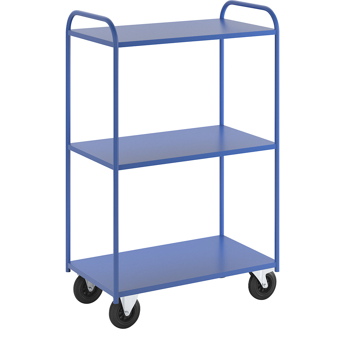 Carrello a ripiani KM41 – Kongamek, 3 ripiani, lungh. x largh. x alt. 955 x 550 x 1470 mm, blu, 2 rotelle pivottanti con fermo, 2 rotelle a supporto fisso-7