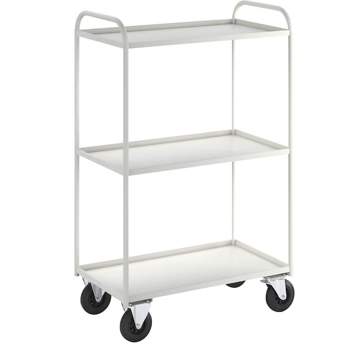 Carrello a ripiani KM41 – Kongamek, 3 ripiani con alzatina, lungh. x largh. x alt. 955 x 550 x 1490 mm, bianco, 2 rotelle pivottanti e 2 rotelle a supporto fisso-5