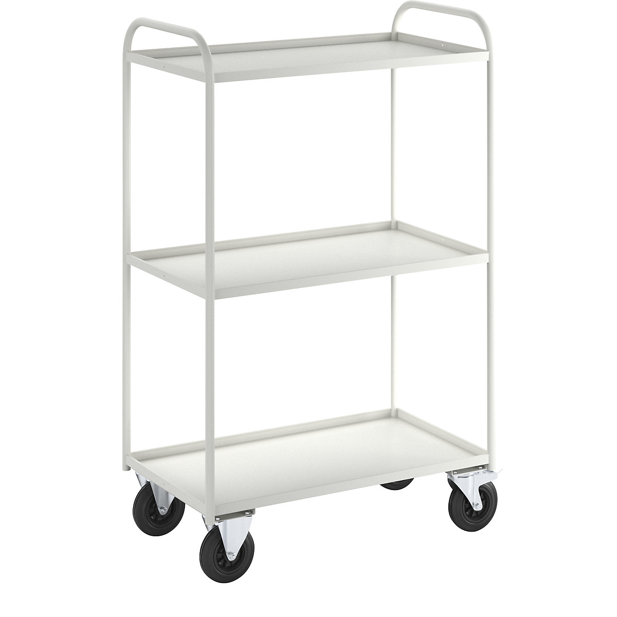 Carrello a ripiani KM41 – Kongamek, 3 ripiani con alzatina, lungh. x largh. x alt. 955 x 550 x 1490 mm, bianco, 2 rotelle pivottanti con fermo, 2 rotelle a supporto fisso-4