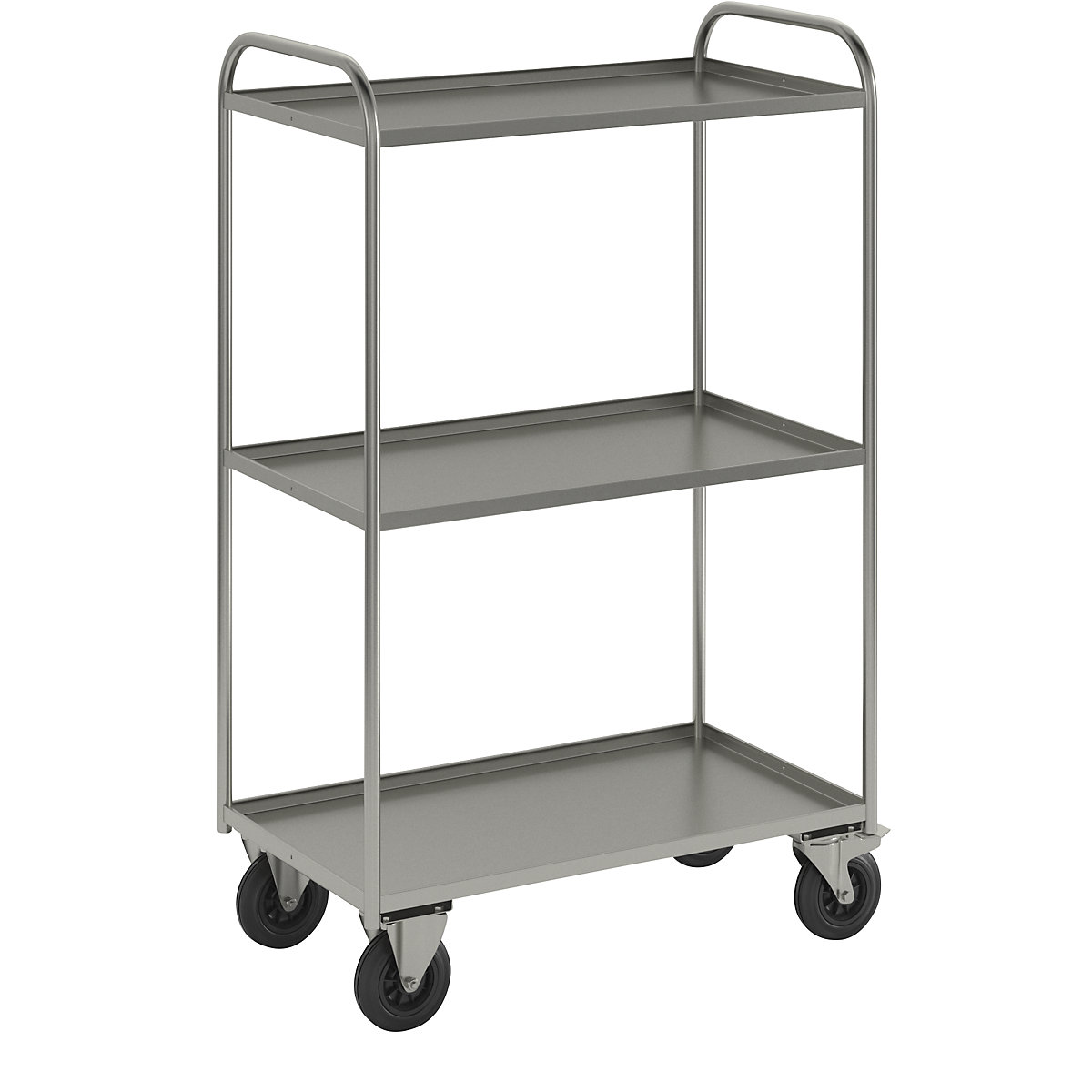 Carrello a ripiani KM41 – Kongamek, 3 ripiani con alzatina, lungh. x largh. x alt. 955 x 550 x 1490 mm, zincatura, 2 rotelle pivottanti con fermo, 2 rotelle a supporto fisso-6