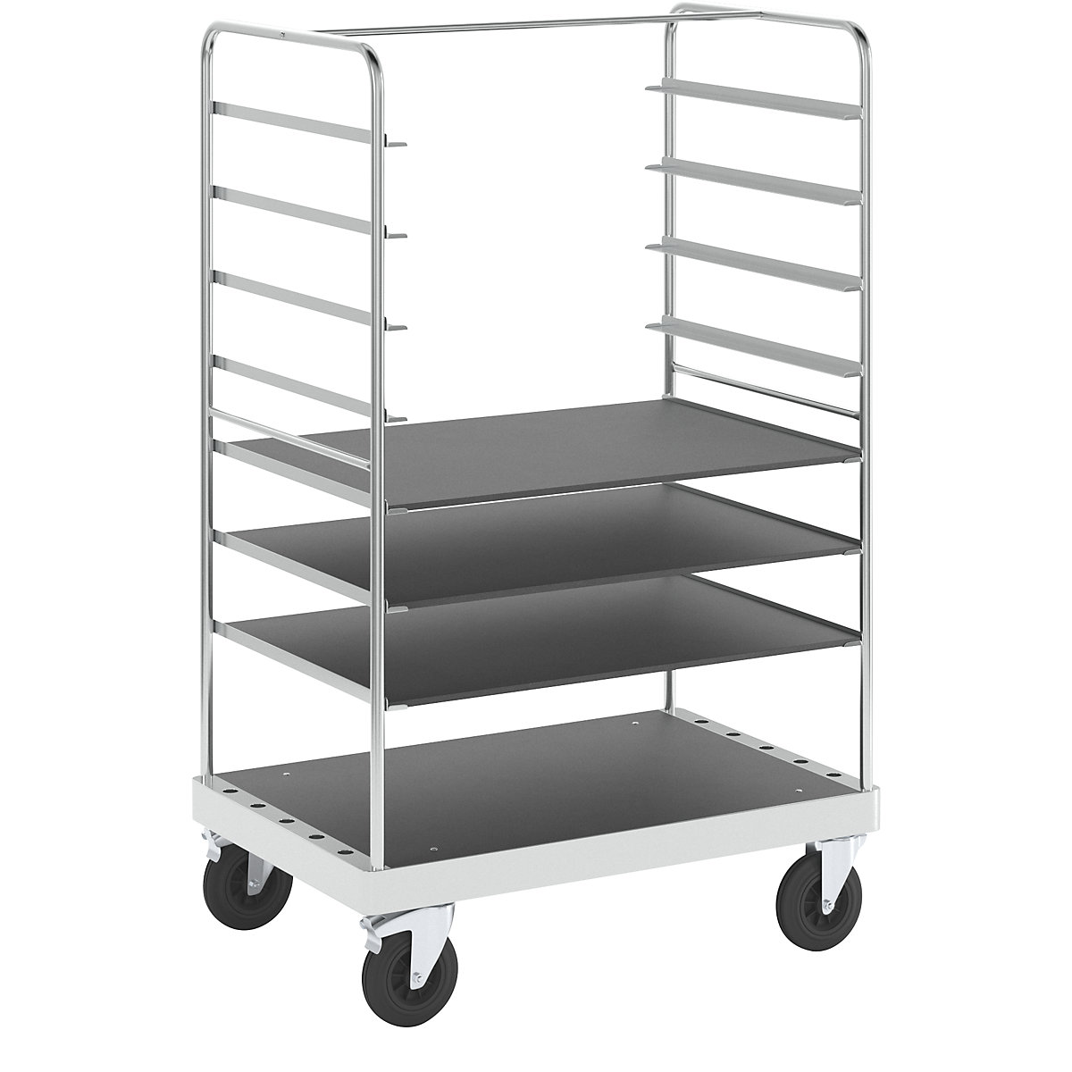 Carrello a ripiani, zincato – Kongamek, lungh. x largh. x alt. 1200 x 800 x 1900 mm, 3 ripiani, rotelle pivottanti con fermo-2