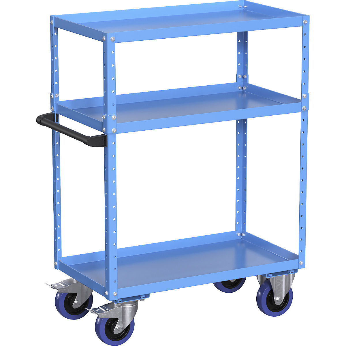 Carrello di montaggio CustomLine – eurokraft pro, 3 ripiani, ruote elastiche, blu chiaro-3