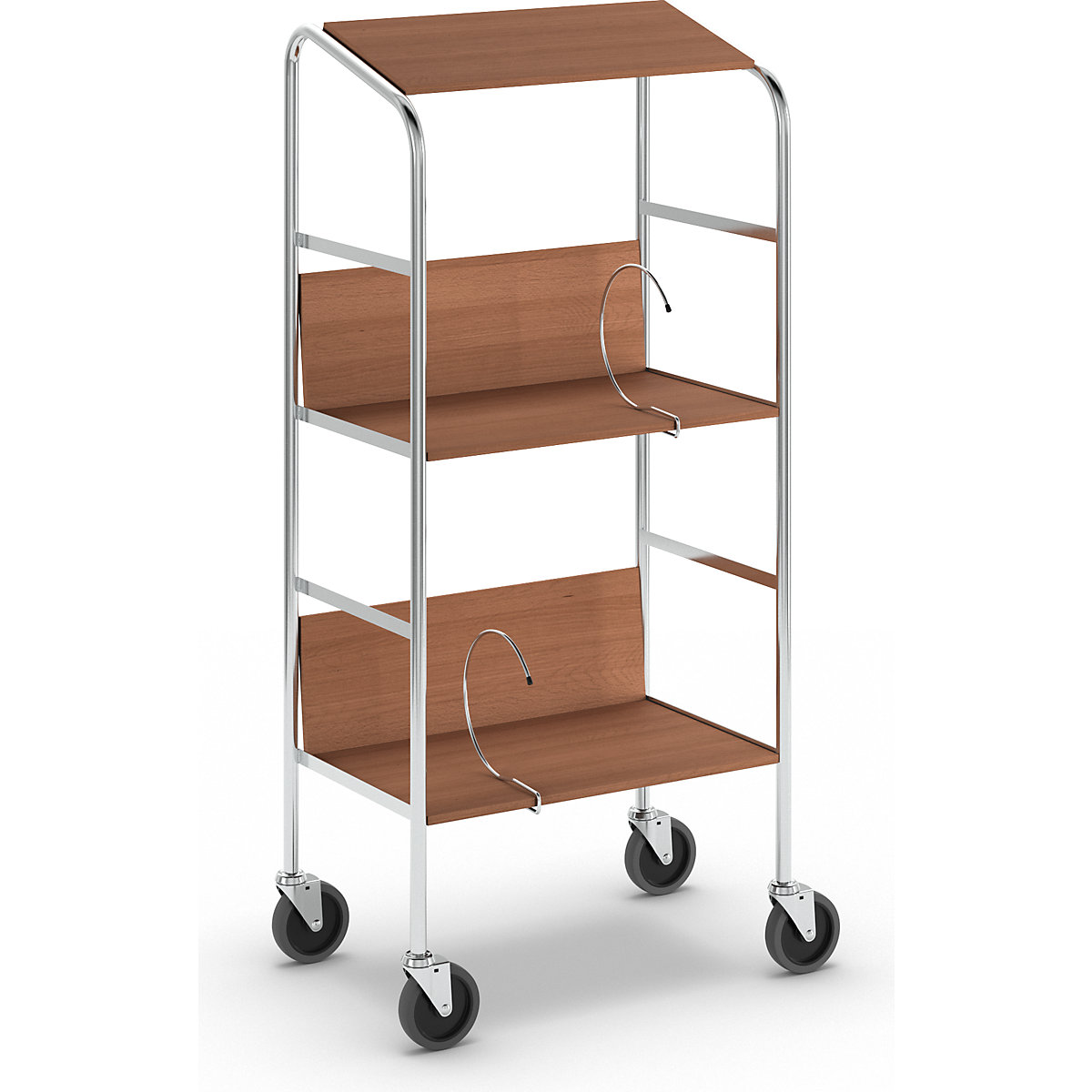 Carrello per raccoglitori con ripiano, cromato – HelgeNyberg, 3 ripiani, lungh. x largh. x alt. 550 x 340 x 1060 mm, simil-ciliegio-2