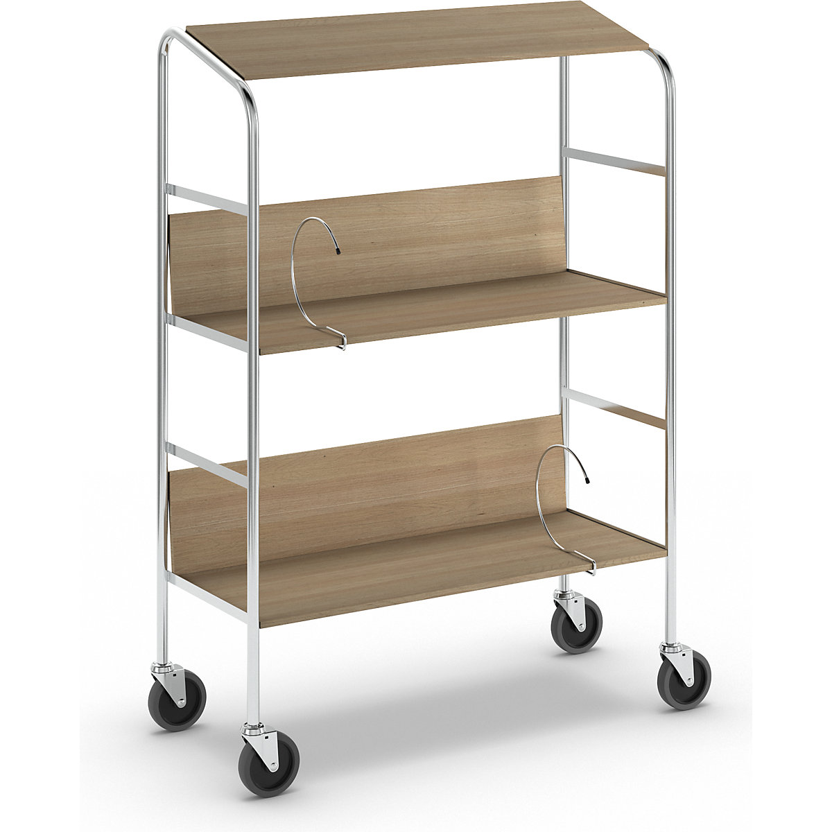 Carrello per raccoglitori con ripiano, cromato – HelgeNyberg, 3 ripiani, lungh. x largh. x alt. 800 x 340 x 1060 mm, simil-betulla-1