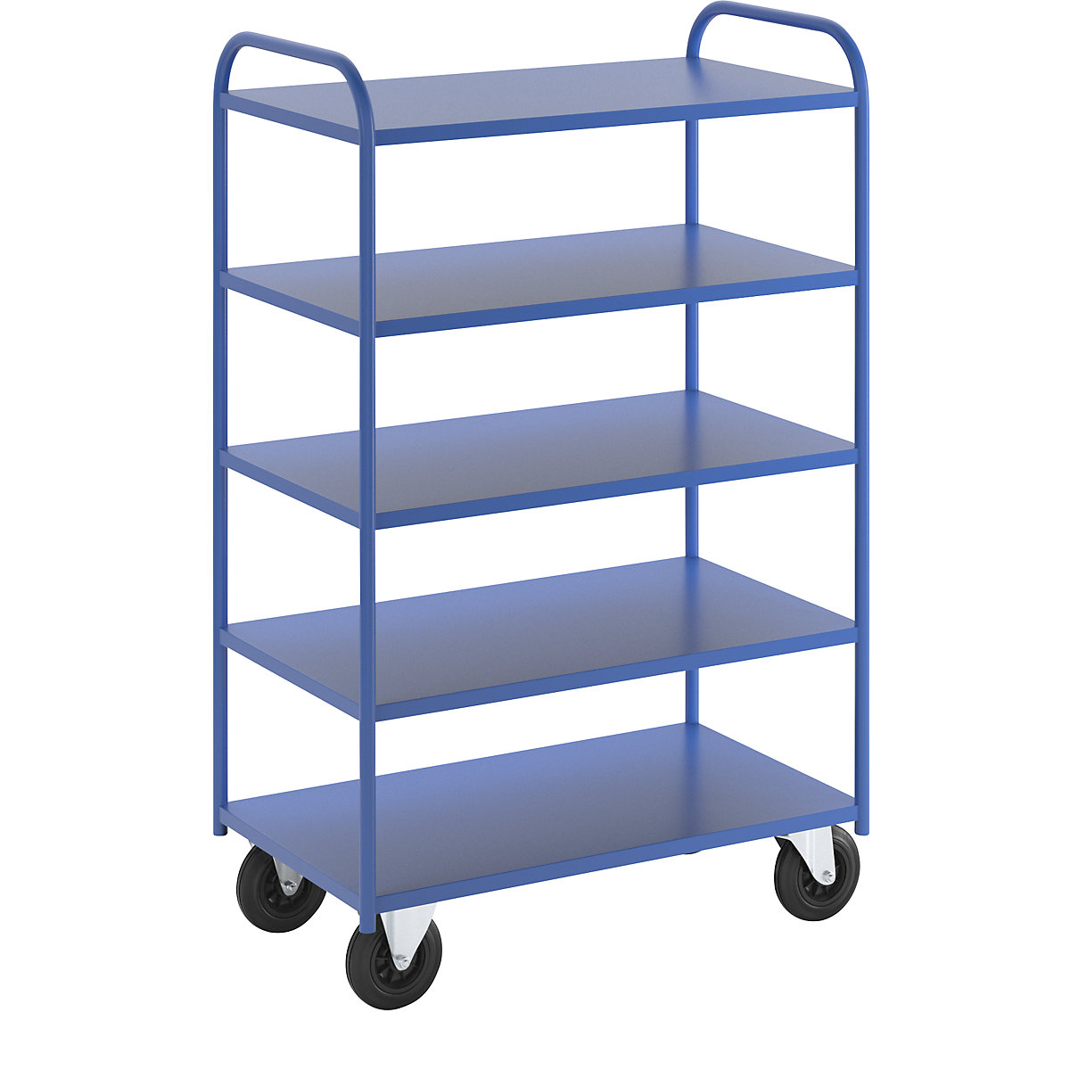 Carro con pisos KM41 – Kongamek, 5 pisos, L x A x H 955 x 550 x 1470 mm, azul, 2 ruedas de maniobra y 2 fijas-4