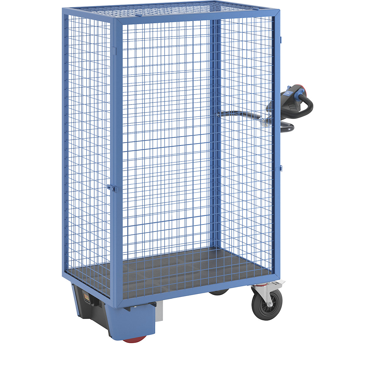 Carro de pisos con accionamiento eléctrico – eurokraft pro, pared de rejilla para enganchar, sin baldas, azul luminoso-2