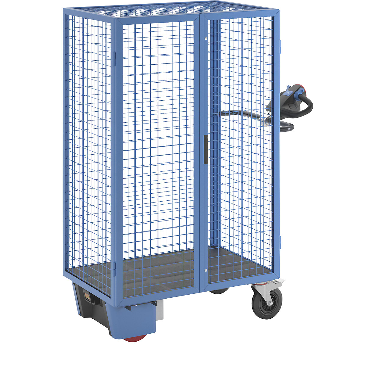 Carro de pisos con accionamiento eléctrico – eurokraft pro, puerta batiente doble, sin baldas, azul luminoso-3