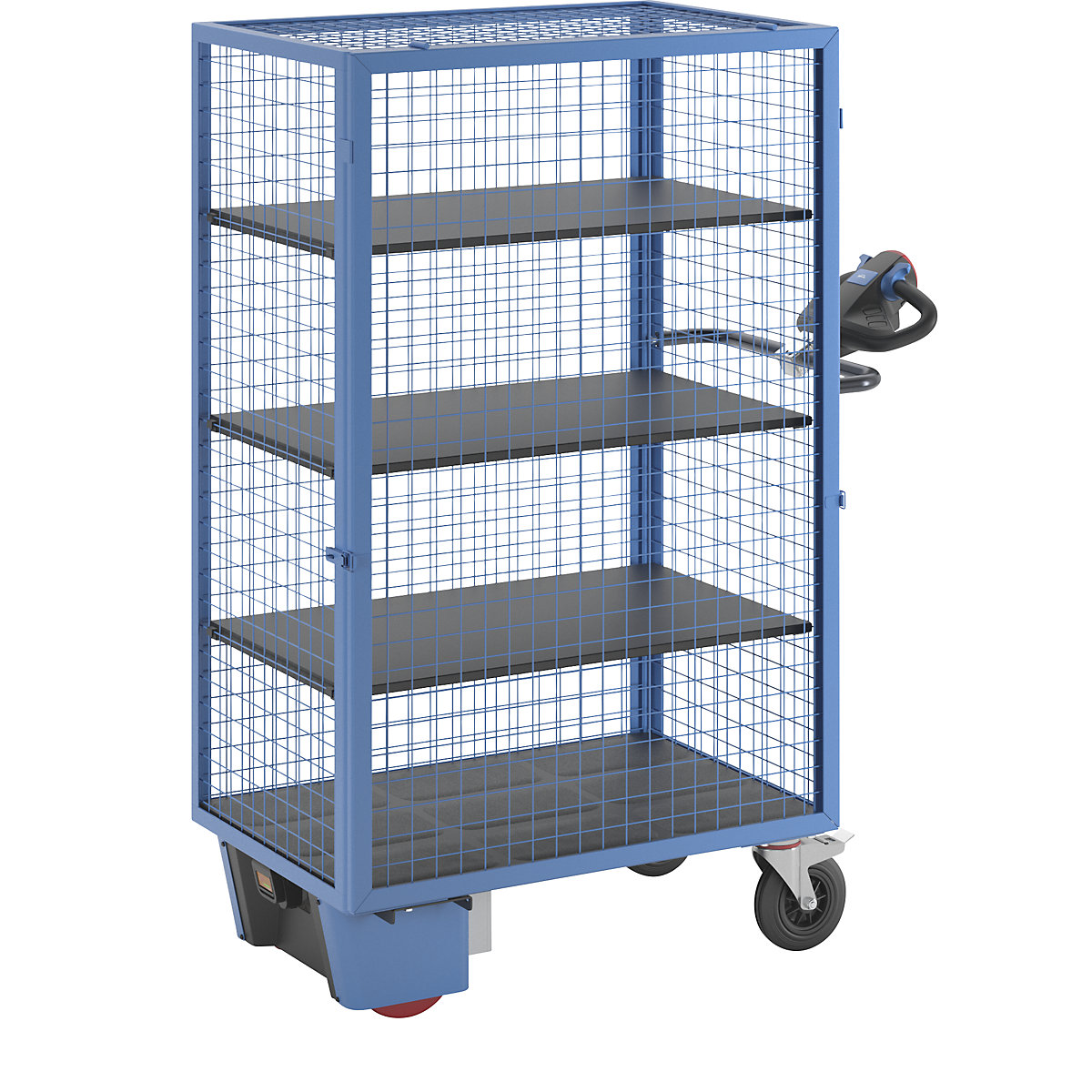 Carro de pisos con accionamiento eléctrico – eurokraft pro, pared de rejilla para enganchar, 3 baldas, azul luminoso-1