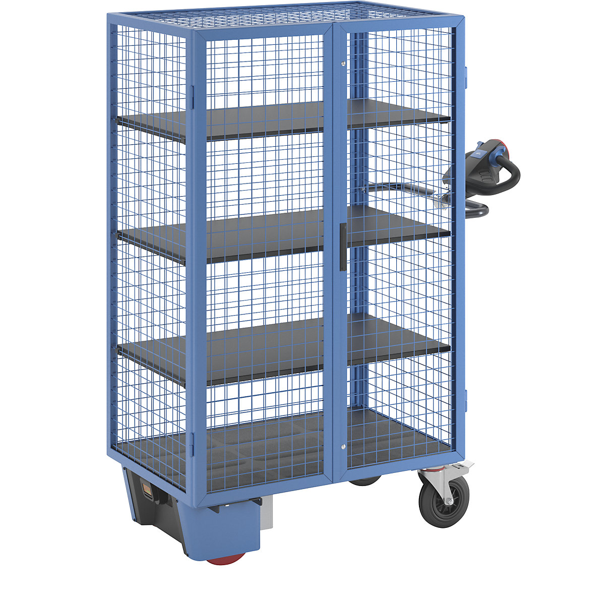 Carro de pisos con accionamiento eléctrico – eurokraft pro, puerta batiente doble, 3 baldas, azul luminoso-2