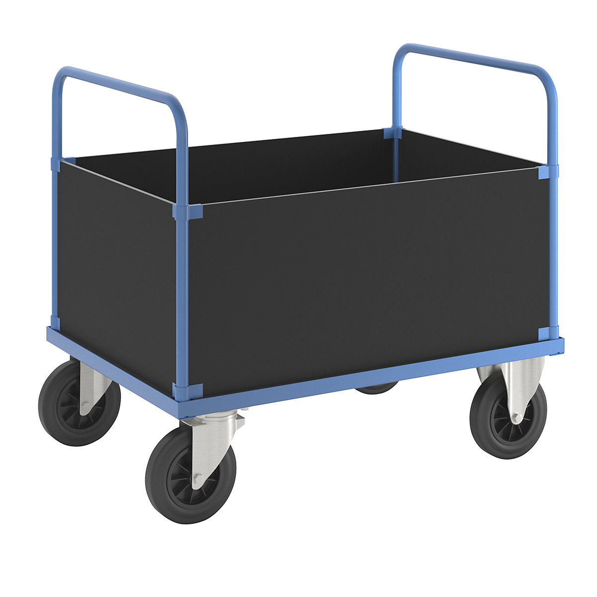 Plošinový vozík KM33 – Kongamek, vysoká skříňová nástavba, d x š 1000 x 700 mm, 2 otočná kola a 2 pevná kola-1