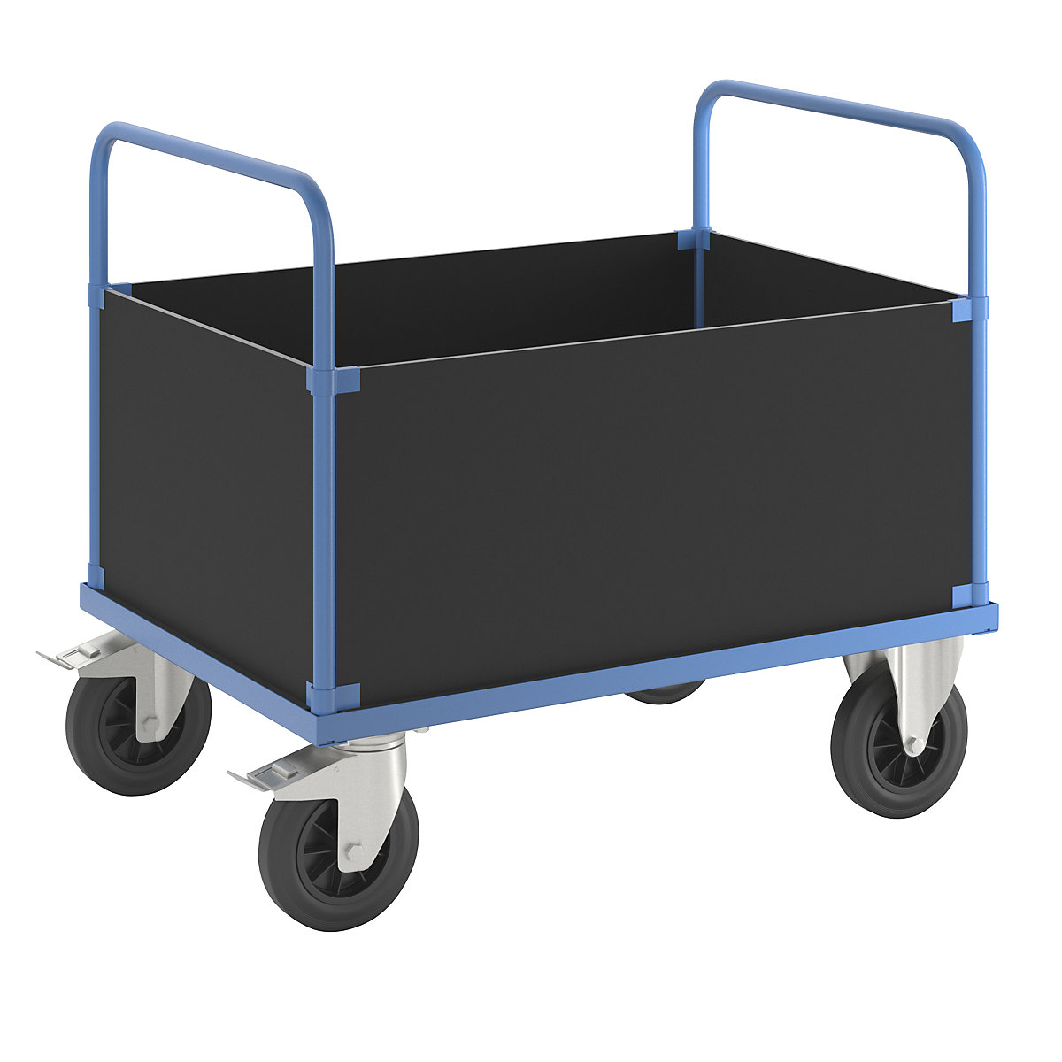 Plošinový vozík KM33 – Kongamek, vysoká skříňová nástavba, d x š 1000 x 700 mm, 2 otočná kola s brzdou, 2 pevná kola-4